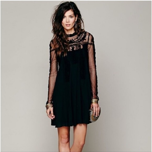 Free People rare Write About Love solid black lace mesh embroidered mini dress - Picture 4 of 12